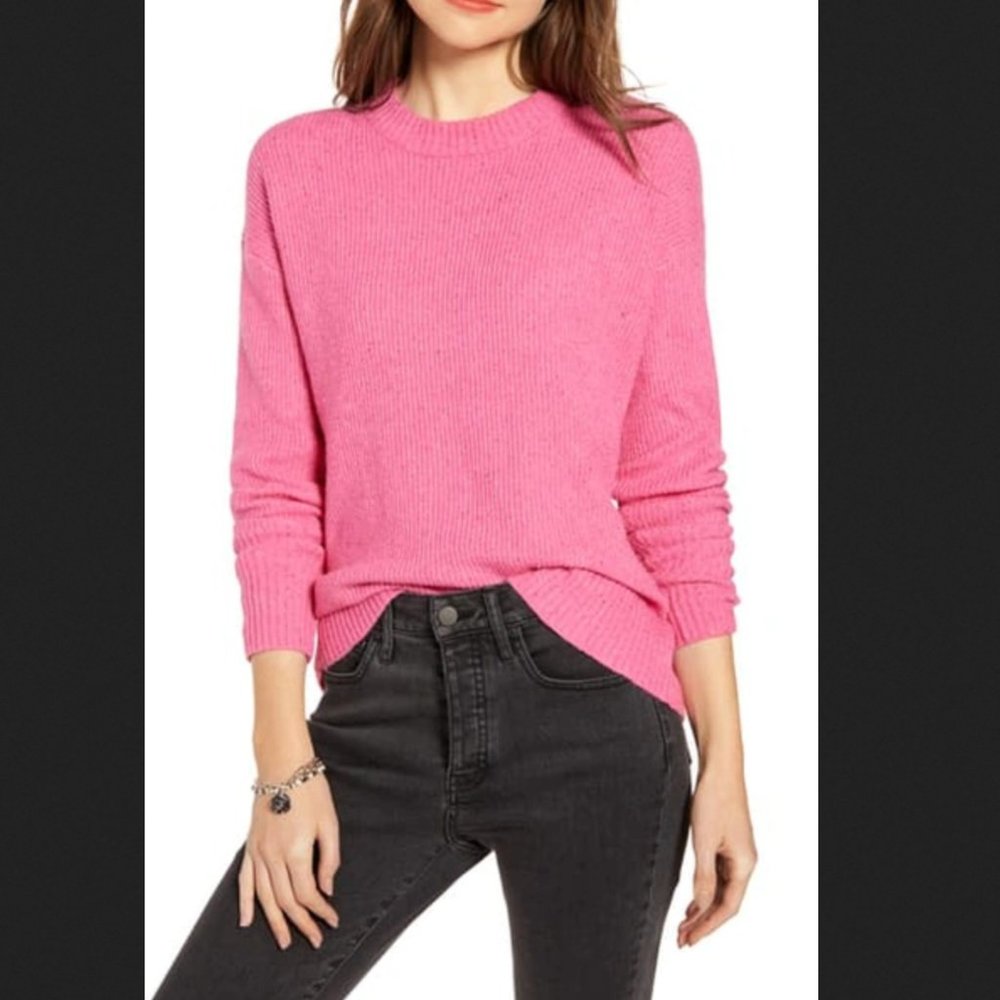 SOMETHING NAVY Flecked Crewneck Sweater In Pink Shock Size Small
